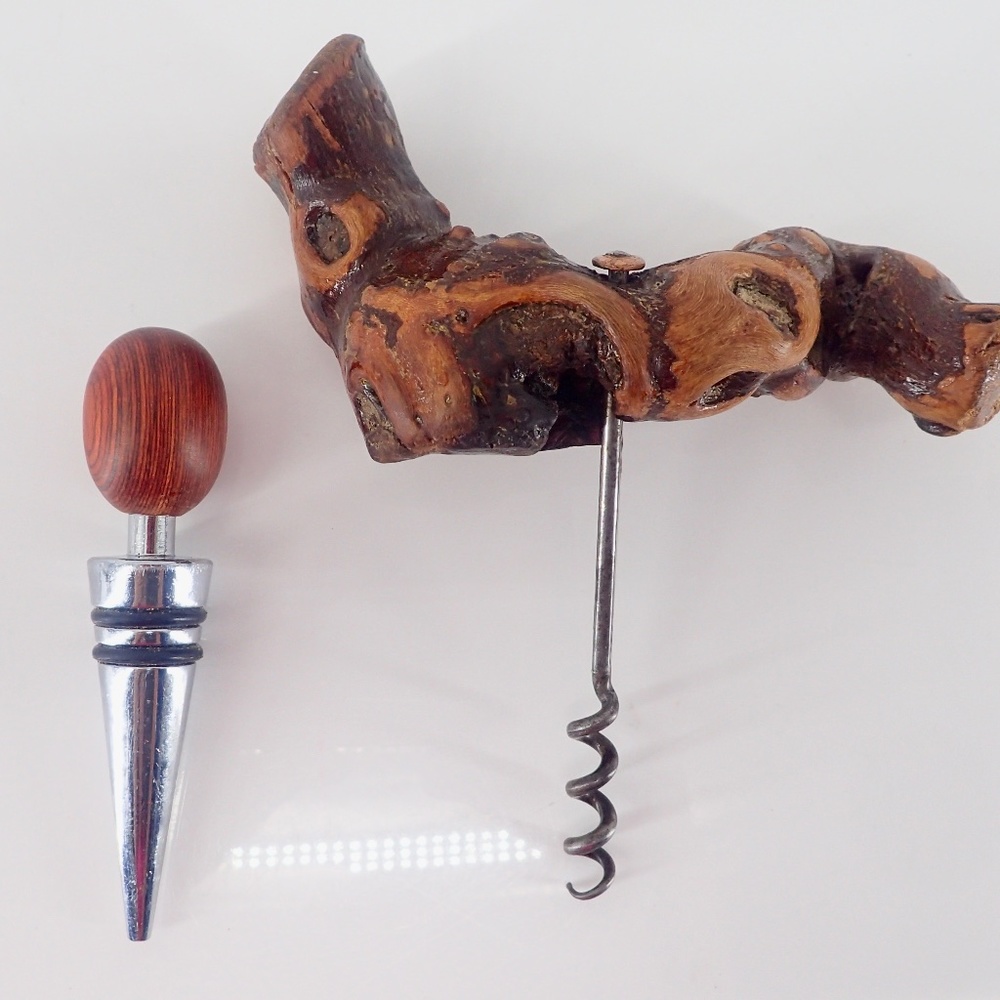 Vintage German Grapevine Branch Wood Corkscrew & Silver Wine Stopper Bar Tools